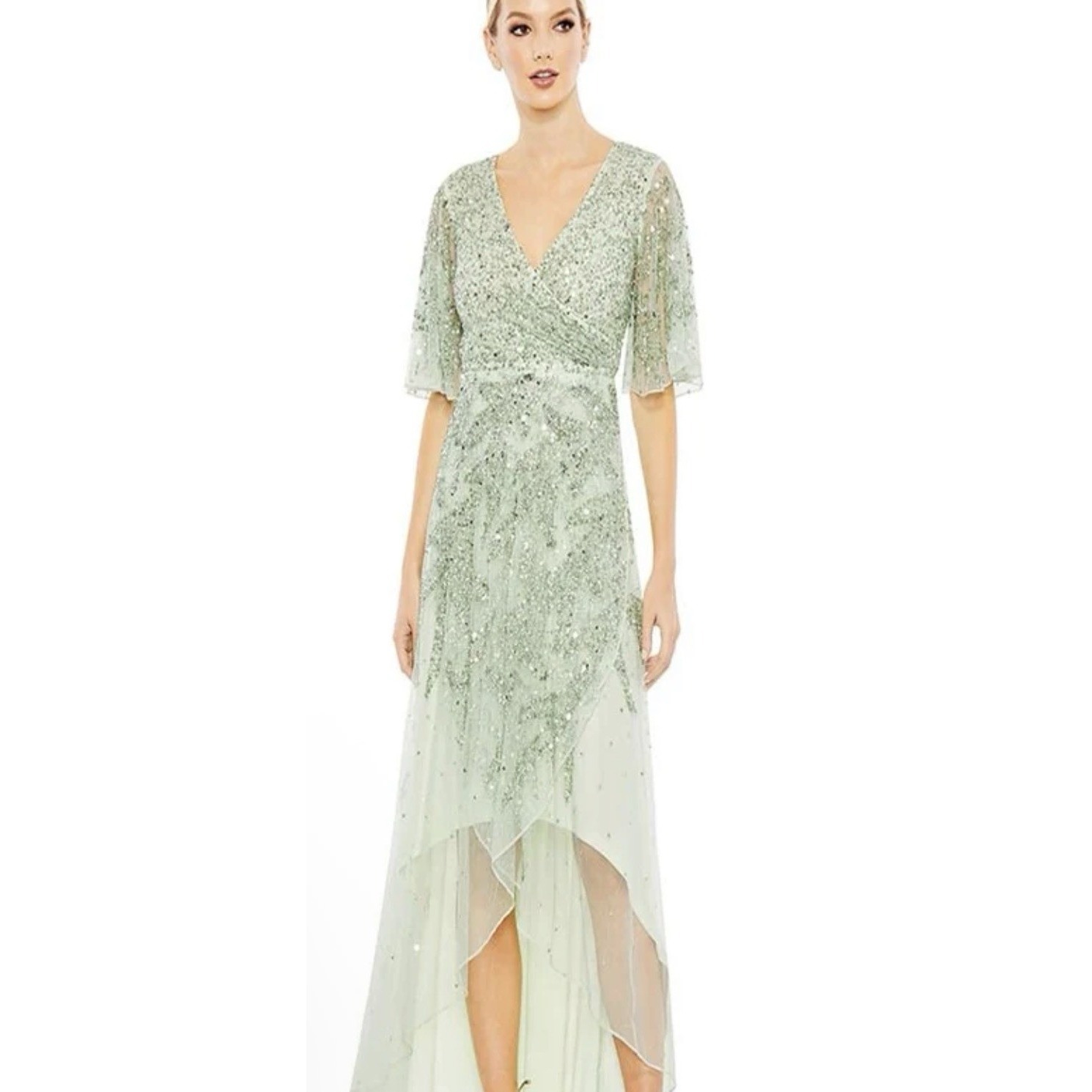 Mac Duggal 93681 Sage Green Sequin Butterfly Sleeve High Low Dress Sz.6 Nwt $498